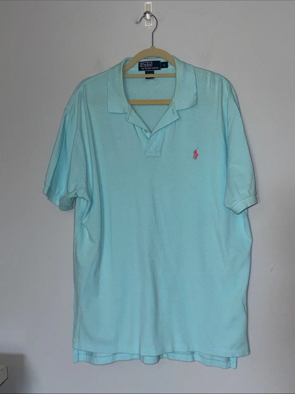 Polo Ralph Lauren Mens Polo Shirt Size L Aqua Short Sleeve 100% Cotton Pink Logo